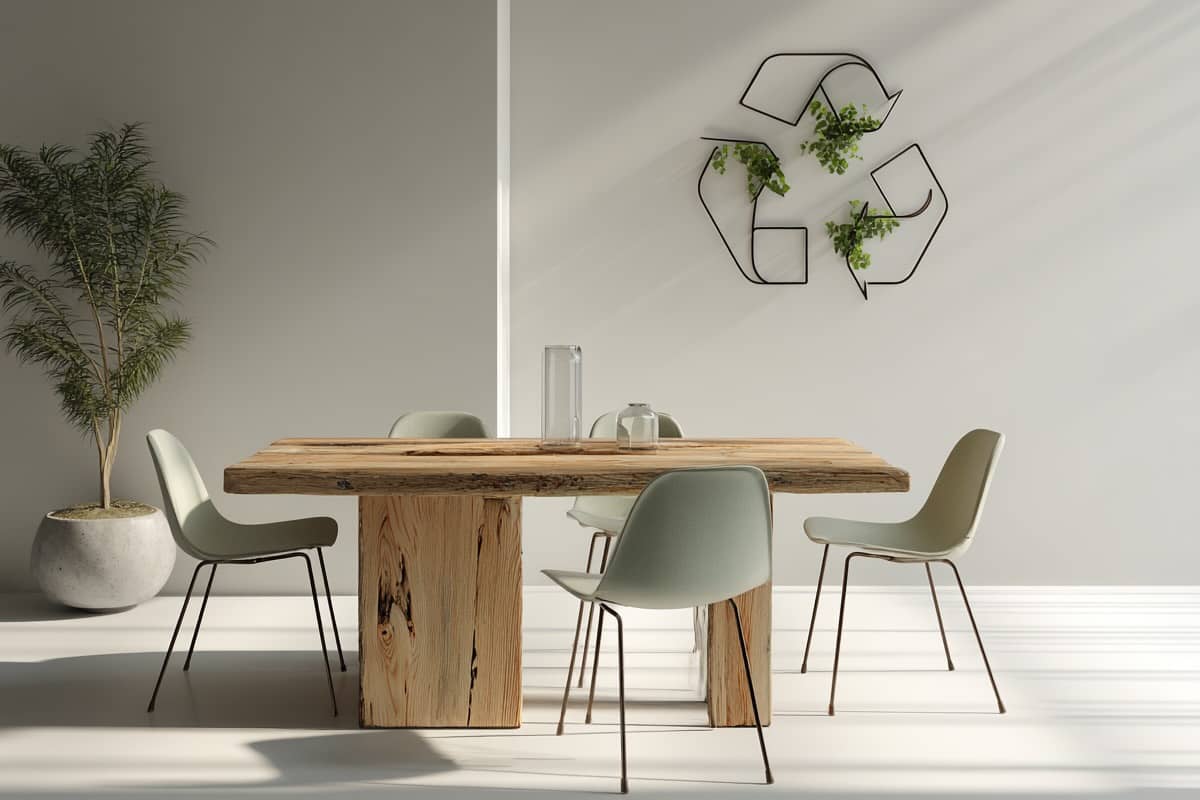 5 Motivi per Scegliere Mobili in Materiali Riciclati e Sostenibili Mobile moderno in materiali riciclati con simbolo del riciclo integrato nel design: stile scandinavo, elementi green e atmosfera sostenibile